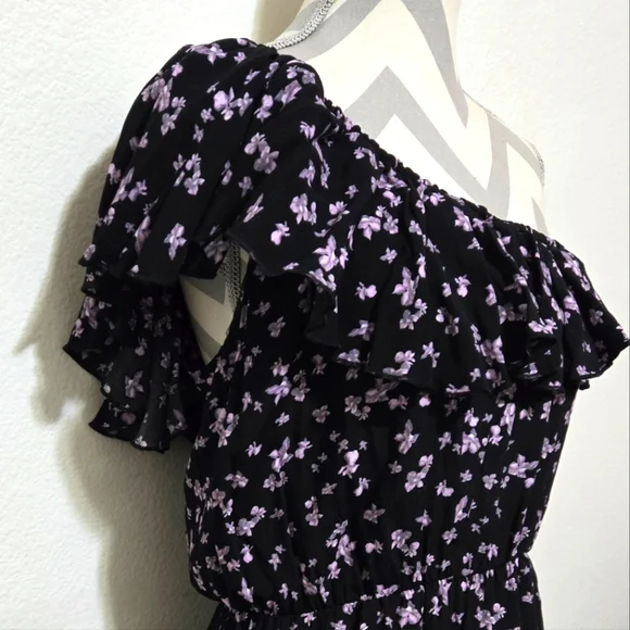 LEITH Floral One Shoulder Ruffle Asymmetric Hem Dress Black Lavender Size Medium - Picture 6 of 15